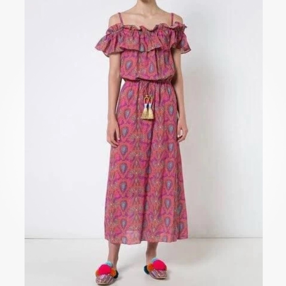Figue Small Maya Pink Print Maxi Dress ~ Boho Beach Tassel Ruffled